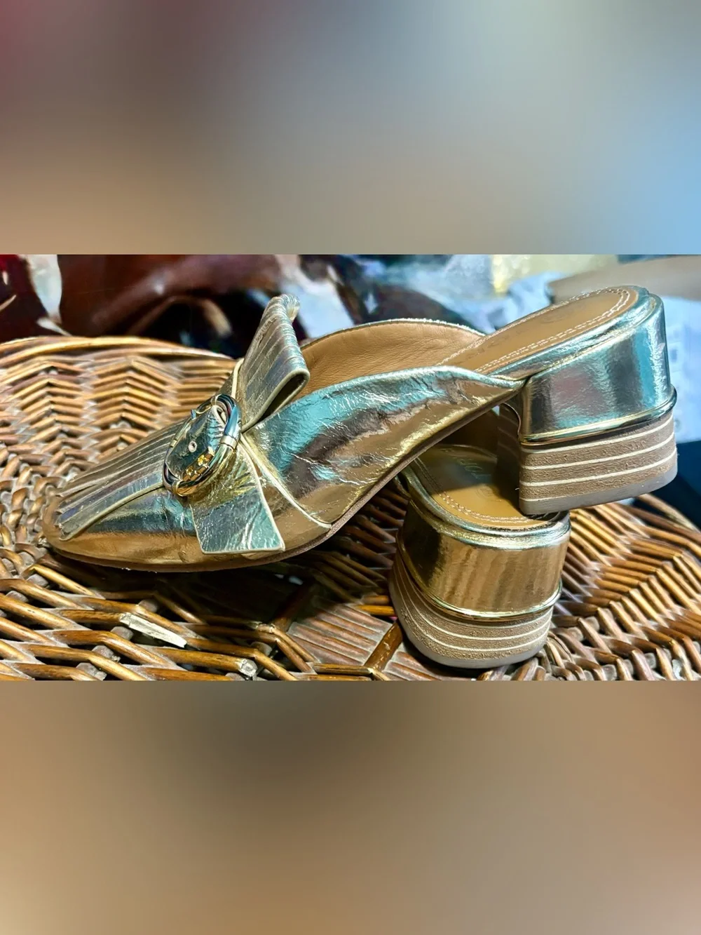 Tory Burch Metallic Gold Fringe Slip-On Mules